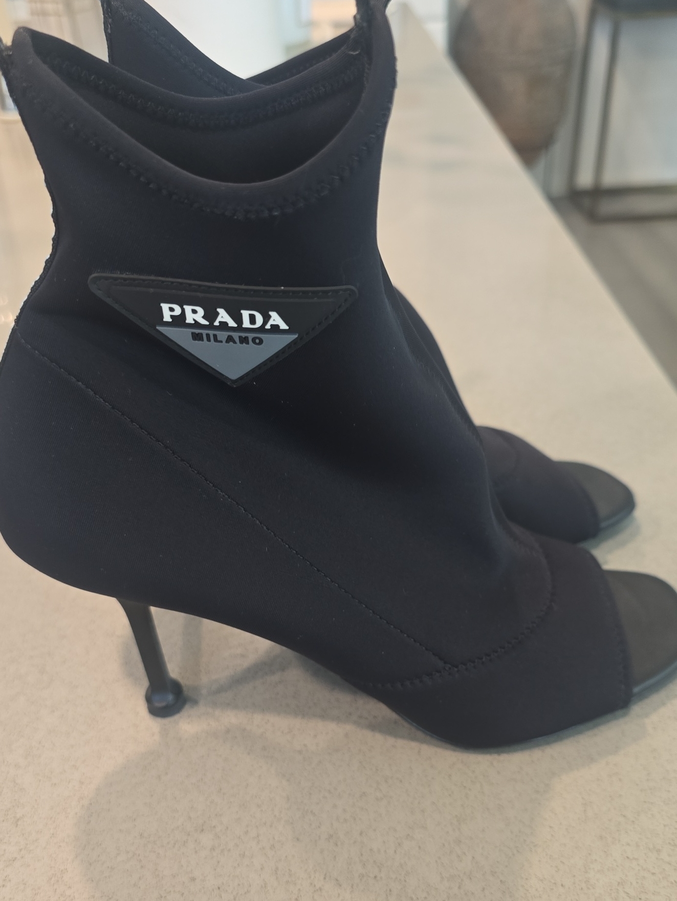 Prada Black Neoprene Stretch Peep-Toe 90 Stiletto Booties